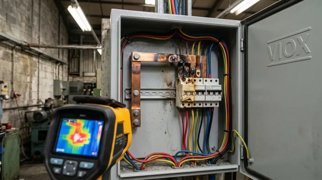 Unsafe electrical DB board with exposed wiring and damaged components